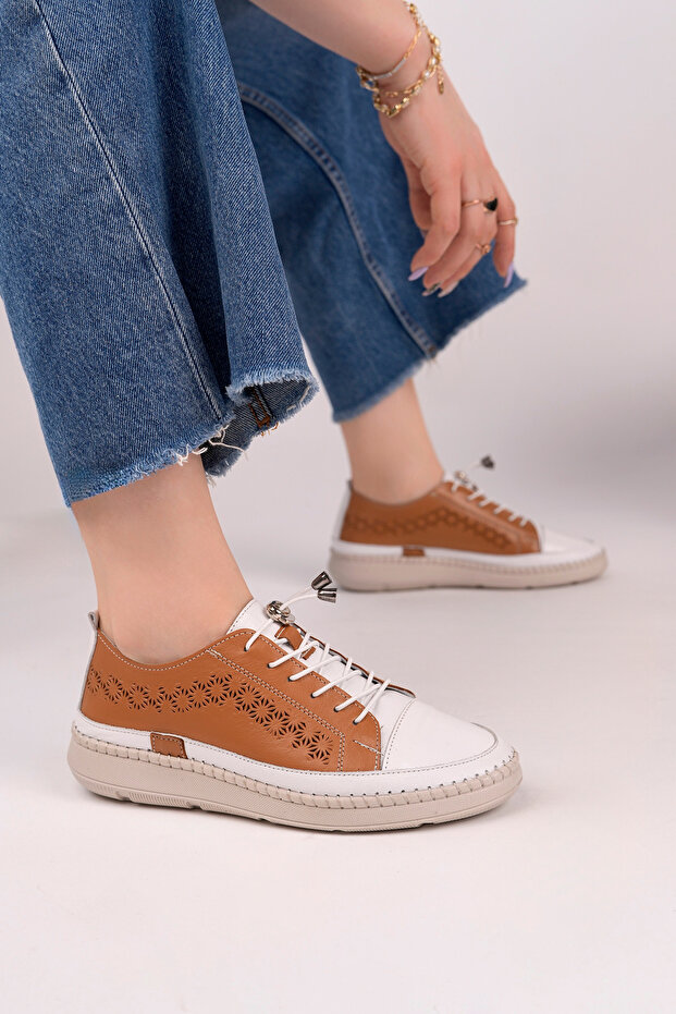 Genuine Leather Tan White Women's Leather Casual Shoes Dp80-8008