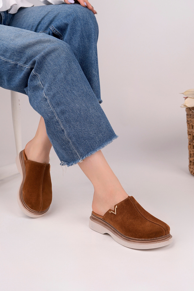 Genuine Leather Cinnamon Suede Women's Leather Slippers Dp81-0900