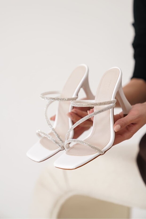 Capella Premium White Women's Stone Heeled Slippers