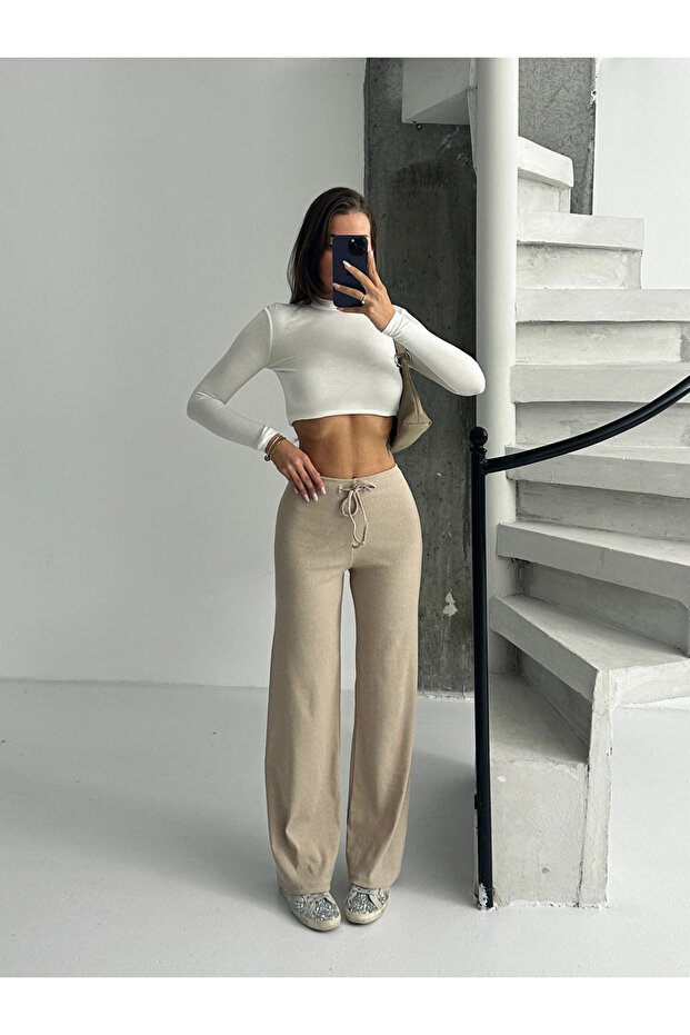 Corded Lace-Up Sweatpants - Beige