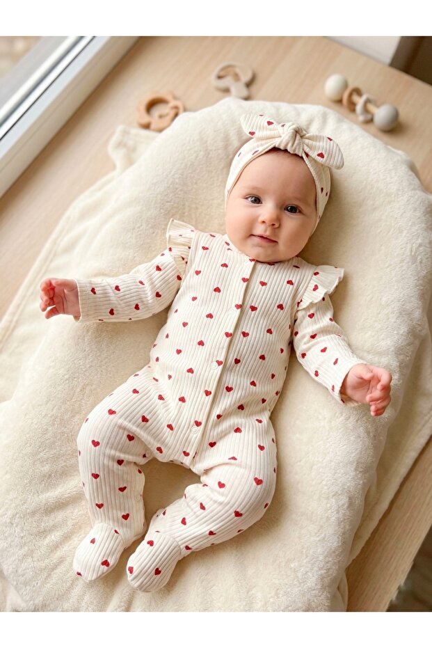 3-6-9 Months Bandanali Red Heart Patterned Jumpsuit with Ruffles on the Shoulders, 2-Piece Set Baby&Children's Set