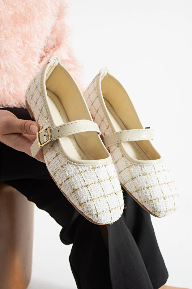 Women's White Cream Tweed Buckled Strap Short Heeled Ballerinas