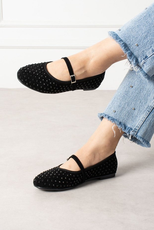 Margot Black Suede Stone Embellished Nickel Buckle Belted Ballerinas