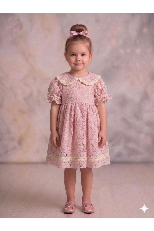 Pink Floral Patterned Lace & Fisto Detailed Short Sleeve Baby Girl & Girls Dress - Angelika