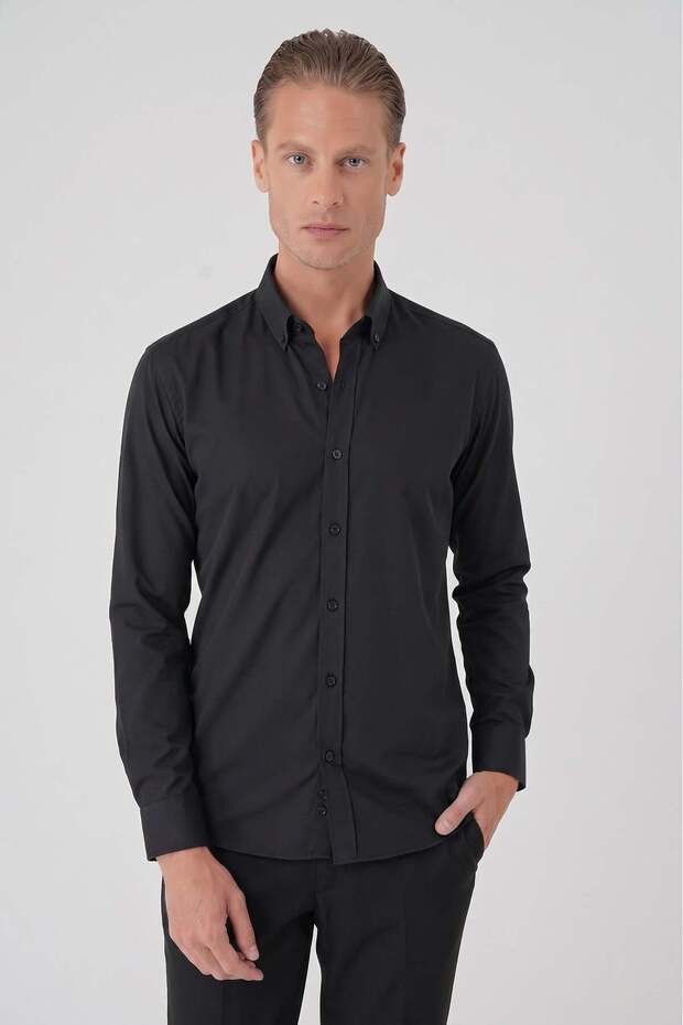 Men's Slim Fit Buttoned Collar Stretch Cotton Classic Black Shirt Gk 727