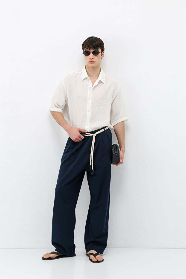 Oversized Linen Trousers with Belt Detail Navy Blue