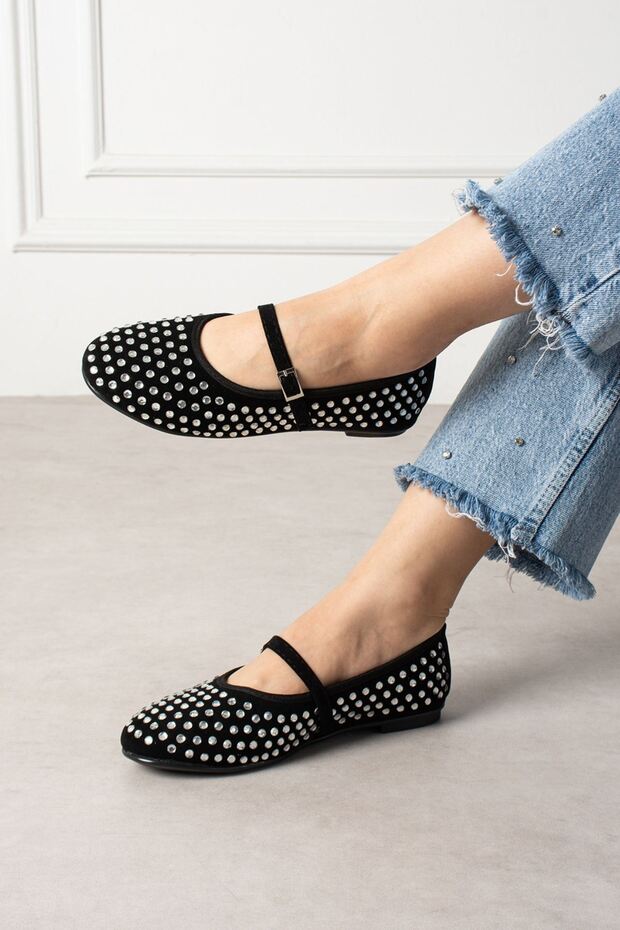 Margot Black Suede Crystal Stone Embellished Nickel Buckle Belted Ballerinas