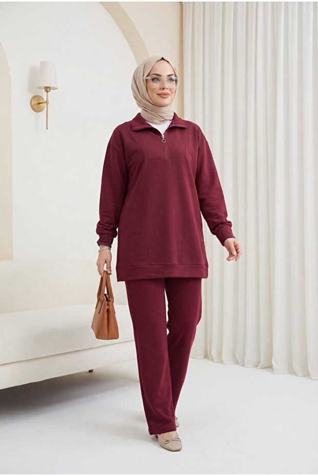 Half-Zip High-Neck Combed Cotton Suit - Burgundy