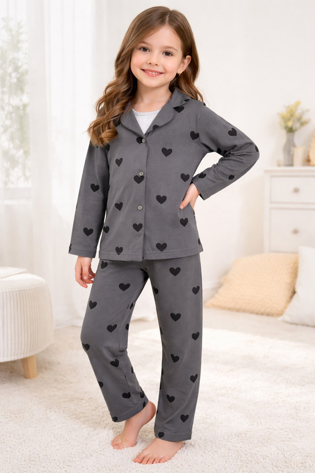 Girls' Shirt Collar Black Heart Pattern Thin Cotton Pajama Set