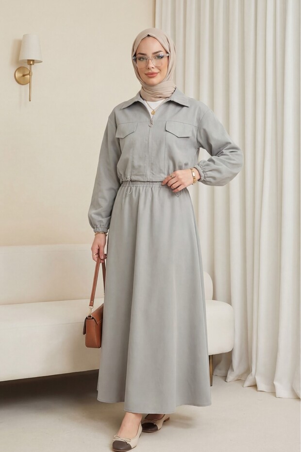 Elastic Waist Skirt Suit - Gray