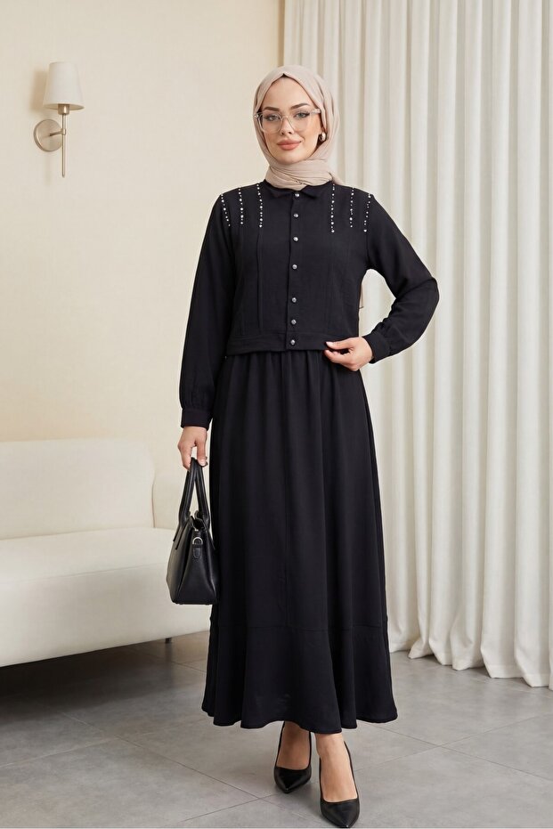 Buttoned Jacket Skirt Linen Set with Stones on the Shoulder - Black