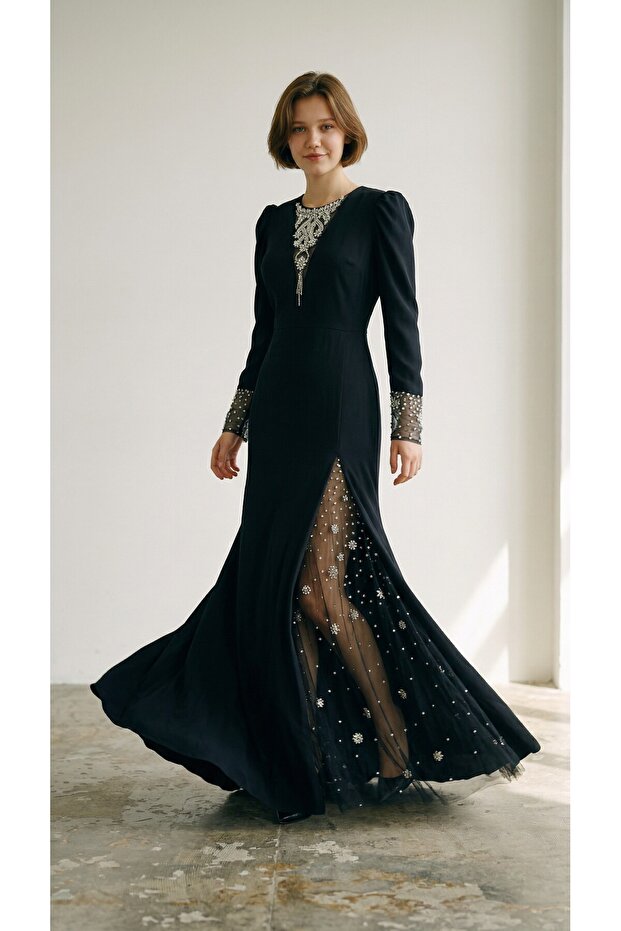 Stone Embellished Chest and Armhole Slits, Tulle Detailed Dress