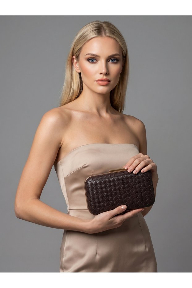 Brown Gold Detailed Hand-Woven Leather Special Series Women's Evening Dress Bag