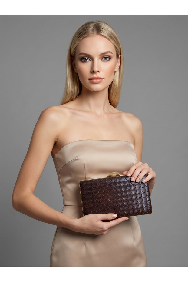 Brown Gold Detailed Hand-Woven Leather Special Series Women's Evening Dress Bag
