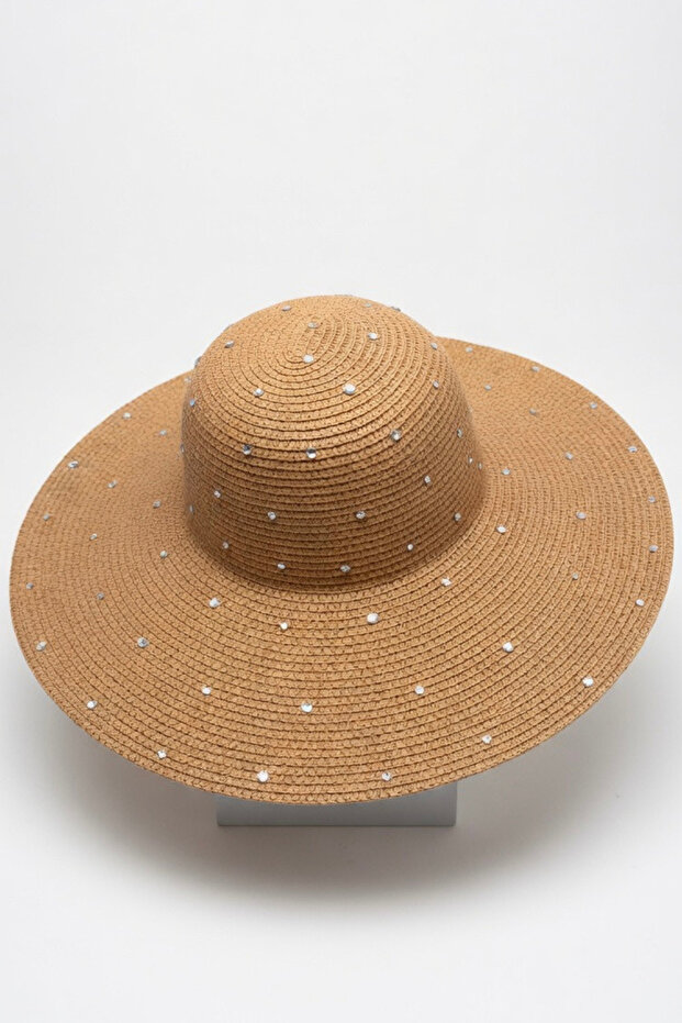 Women's Camel Sparkling Stone Straw Beach Hat | Wide Brim Sun Protection Fedora