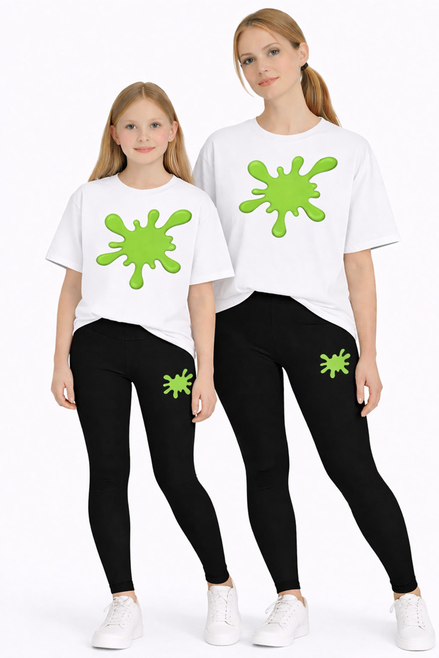 Mother Daughter Combination Oversize T-Shirt Twin T-Shirt Green Paint Printed (Single Price)