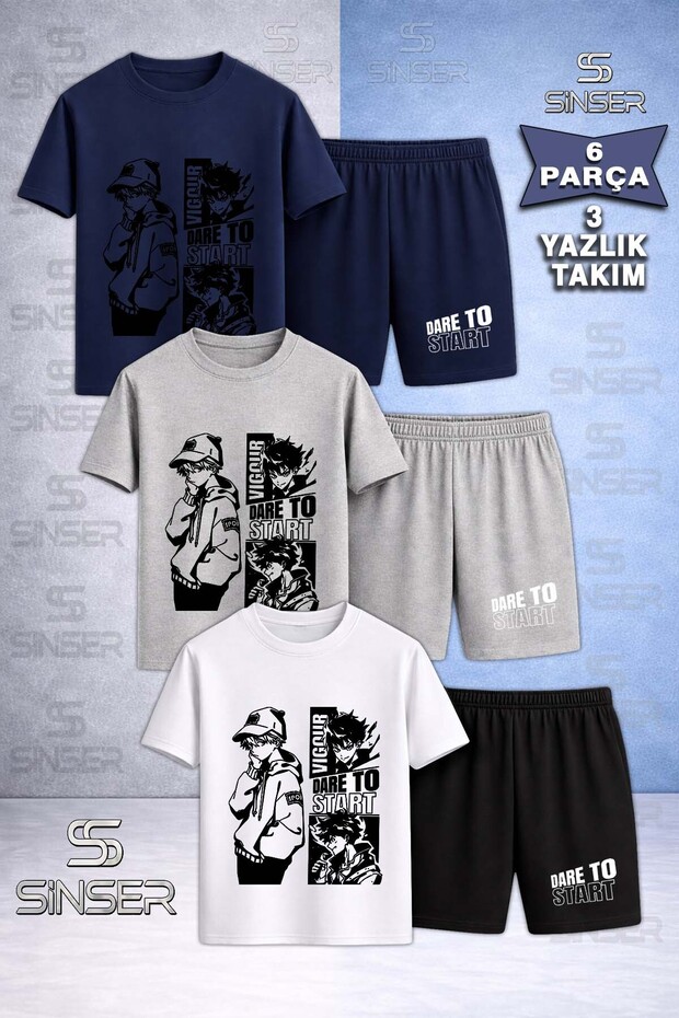 Children's Dare to Start Black Custom Printed Crew Neck 3-Piece T-Shirt - Shorts Set