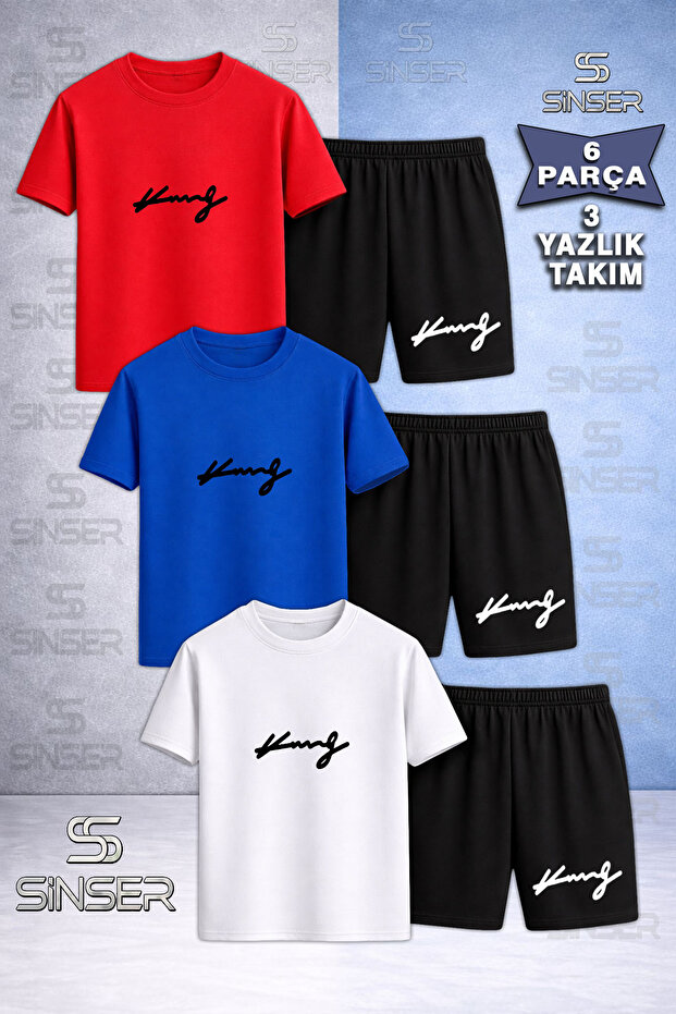 Kids' King Imza Black Custom Printed Crew Neck 3-Piece T-Shirt - Shorts Set