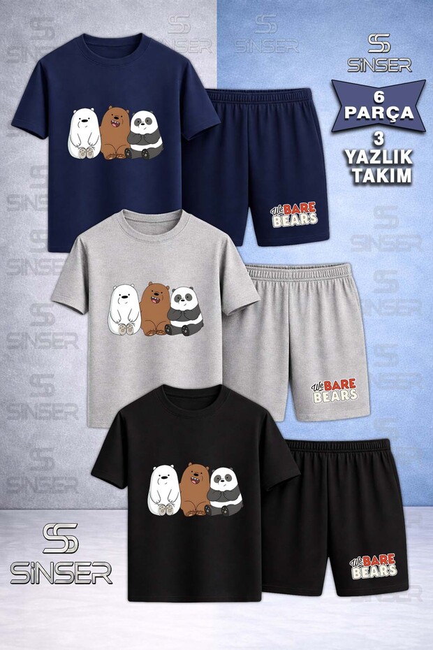Children's Pandas 3-Piece Side by Side Special Printed Crew Neck 3-Piece T-Shirt - Shorts Set