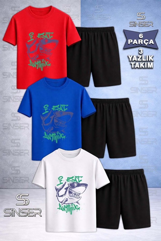 Children's Shark Purple Green Custom Printed Crew Neck 3-Piece T-Shirt - Shorts Set