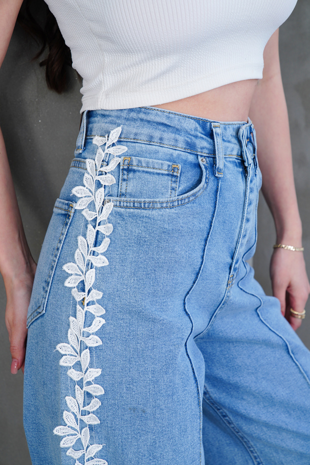 Striped Lace Modern Wide Leg Jean Lycra Trousers