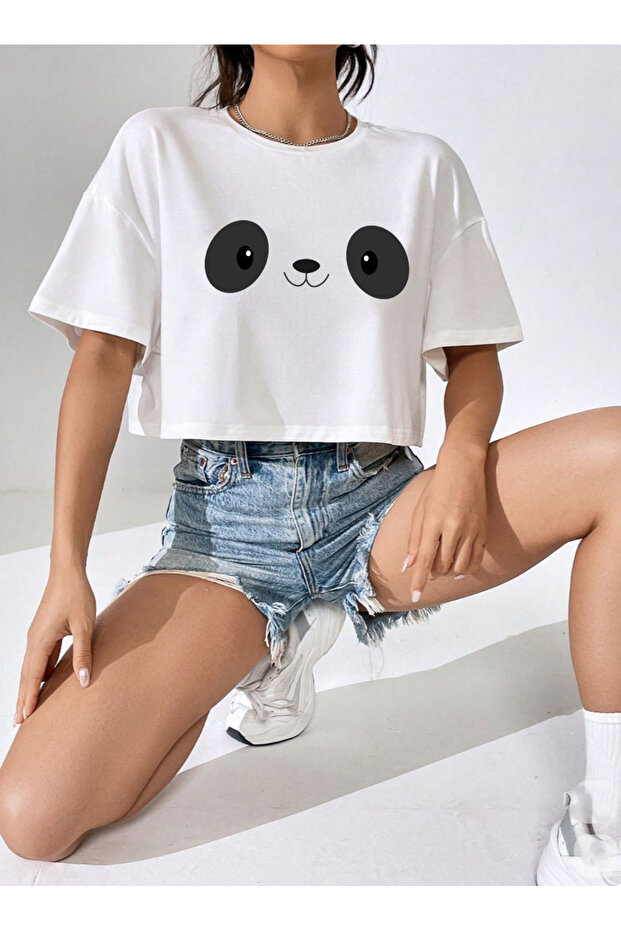 Panda Eye Printed Loose Short Sleeve Crew Neck Women's Crop Tshirt