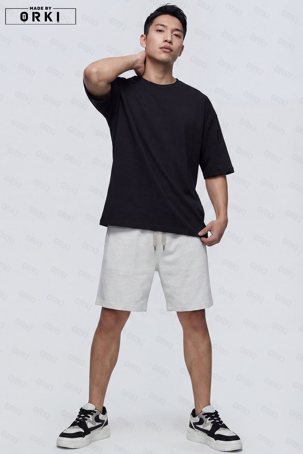 Men's Oversize Basic Unisex Black T-Shirt Gray Shorts Set Melange Summer Comfortable Fit