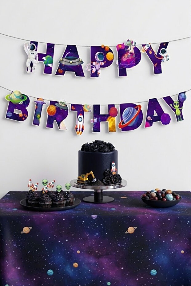 3D Cutout Space Themed Happy Birthday Sign Birthday Banner Decoration