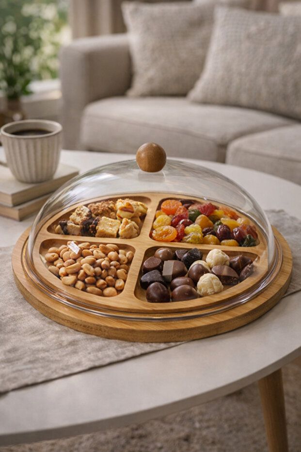 طبق تقديم من الخيزران مكون من 4 أقسام مع غطاء أكريليك، طبق تقديم للوجبات الخفيفة والإفطار، مقاس 28x28 سم
