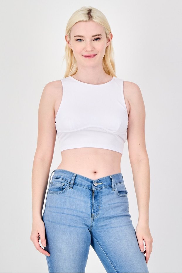 Women Round Neck Sleeveless Ribbed Tank Top, White