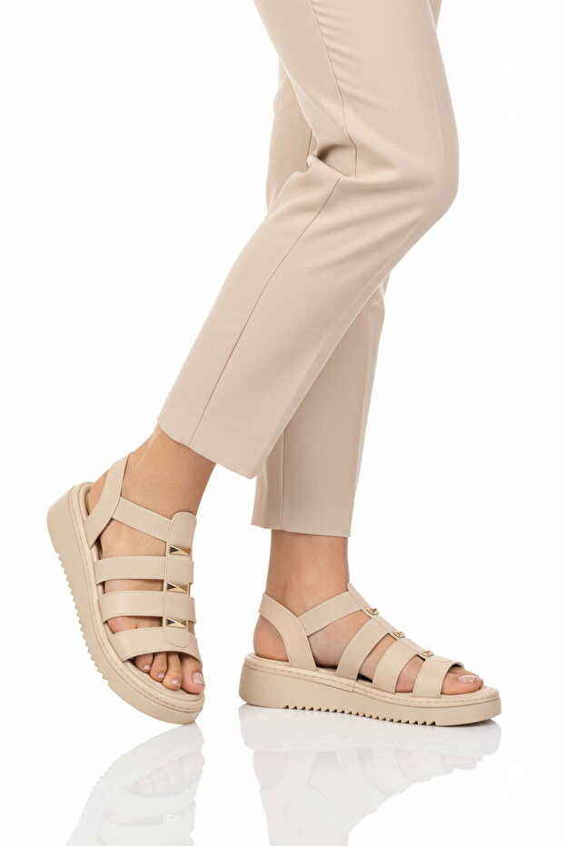 Beige Ankle Elastic Women's Flat Sandals