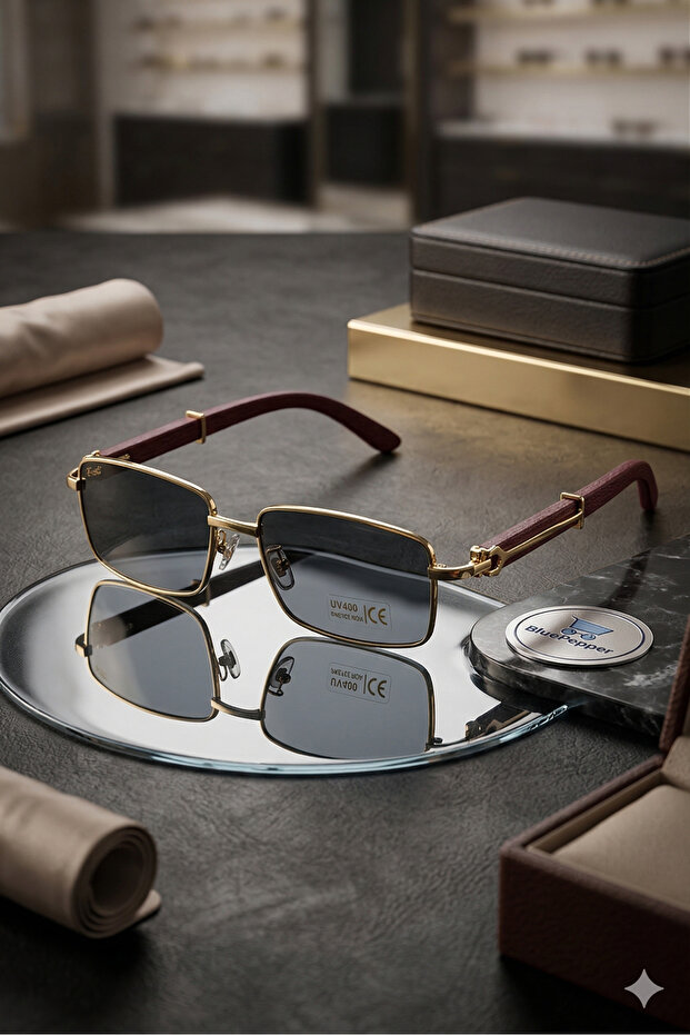 Stylish Sunglasses with Gold Details Unisex Model Rectangular Frame Eyeglasses
