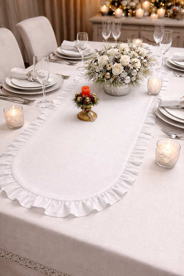 Silvery Linen Look Oval Runner | Fırfırlo Luxury Table Runner | Sparkling Stylish Table Decor - 40X140