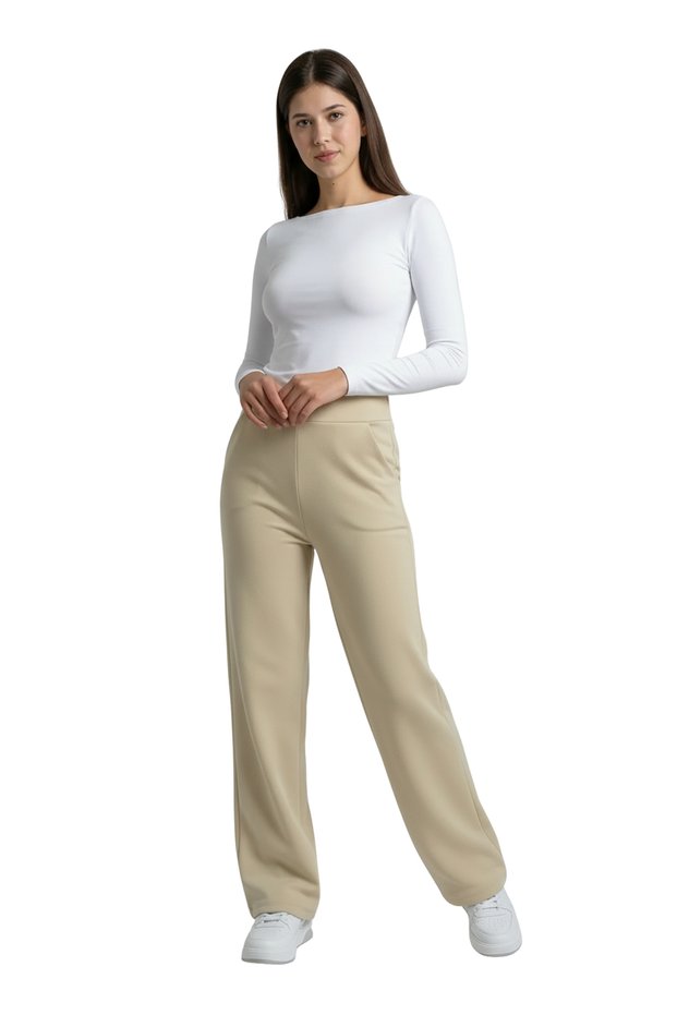 Beige High Waist Lycra Straight Cut Women's Palazzo Trousers with Pockets