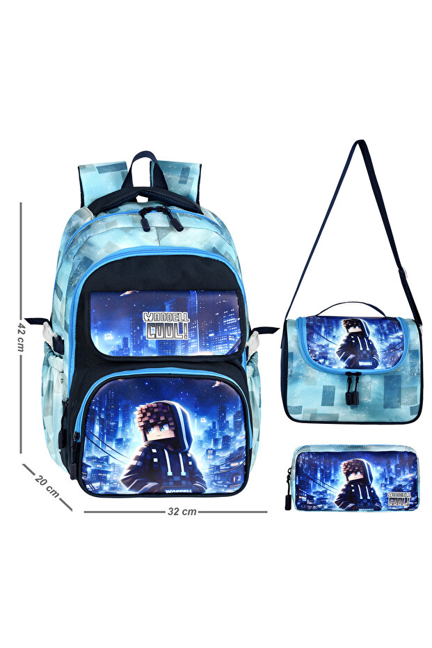Leather Printed Quality Roblox Men's School Bag Thermal Lunch Bag and Leather Pen Case 3-Piece Set