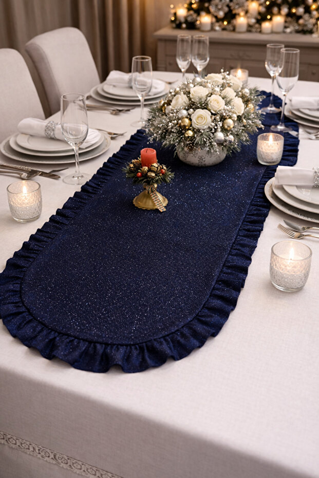 Silvery Linen Look Oval Runner | Fırfırlo Luxury Table Runner | Sparkling Stylish Table Decor - 40X140