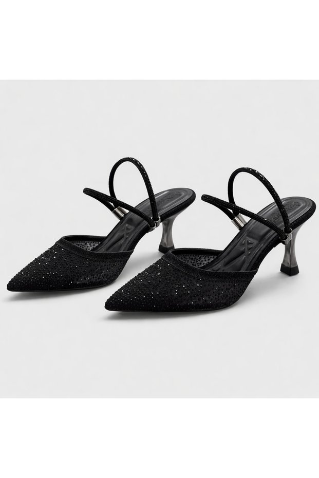 (Özmaçan) Women's Closed-Toe Heeled Shoes with Drop Stone Detail Black