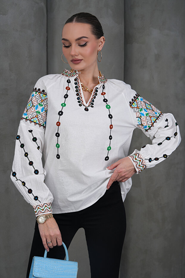 Buttoned Collar Embroidered Cotton Blouse - 6