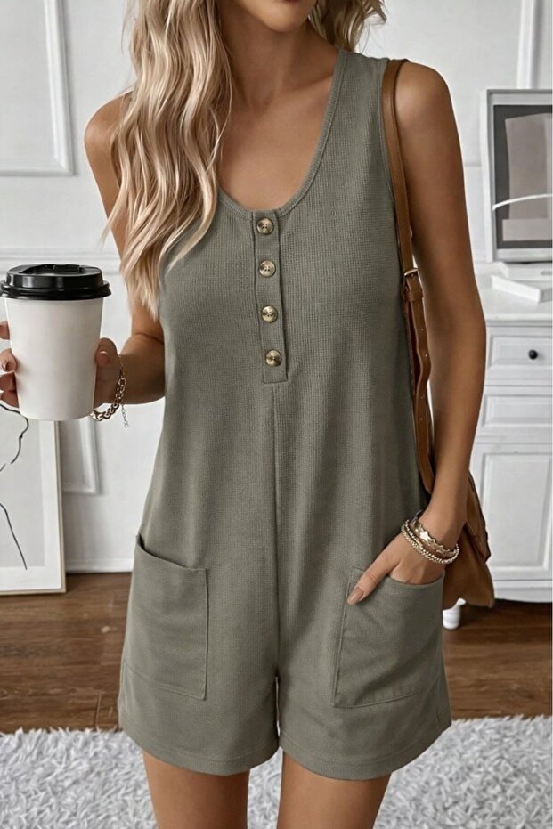 Women's Shoulder Strap Front Buttoned Waffle Short Jumpsuit