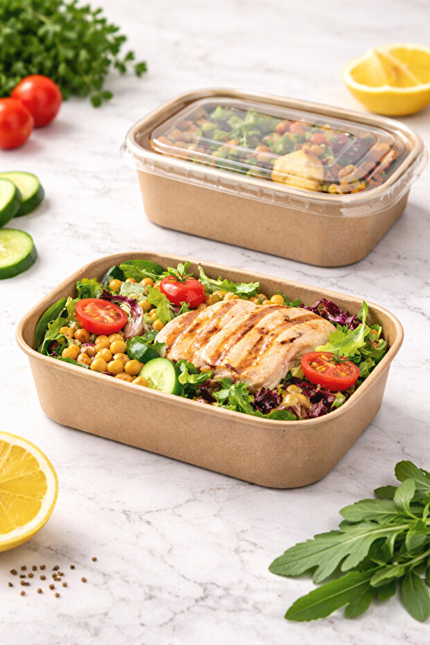Kraft Salad Bowl with PET Lid | 500 ml -300 Pieces | Rectangular | Biodegradable & Eco-Friendly