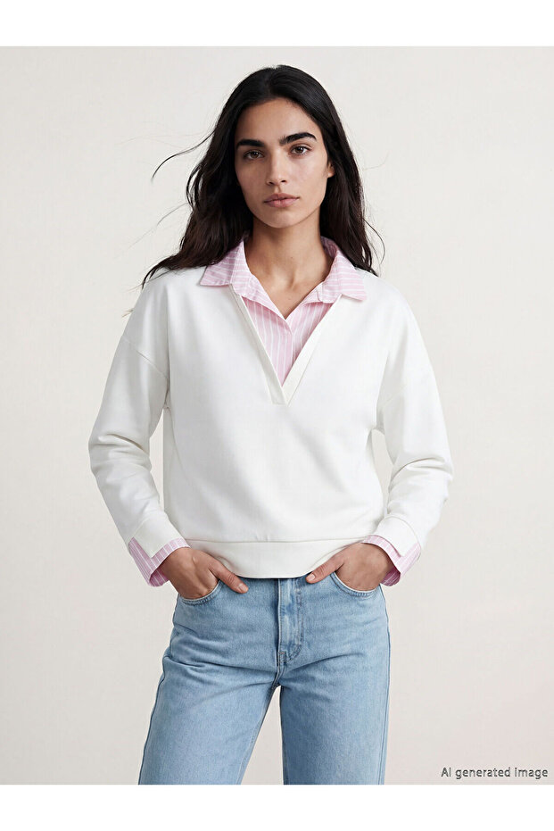 Nevavm Contrast Shirt Collar Striped Women's Sweatshirt