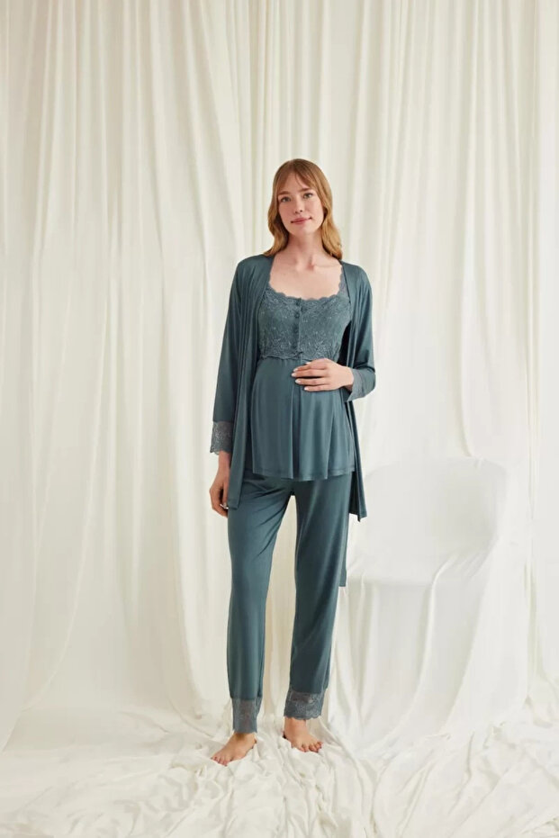 Clothing Lace Front Buttoned Maternity 3-Piece Viscose Pajama Set
