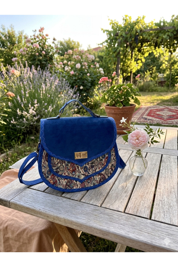 Women's Blue Suede Detailed Ethnic Patterned Shoulder Bag - Authentic Embroidered Hand and Crossbody Bag