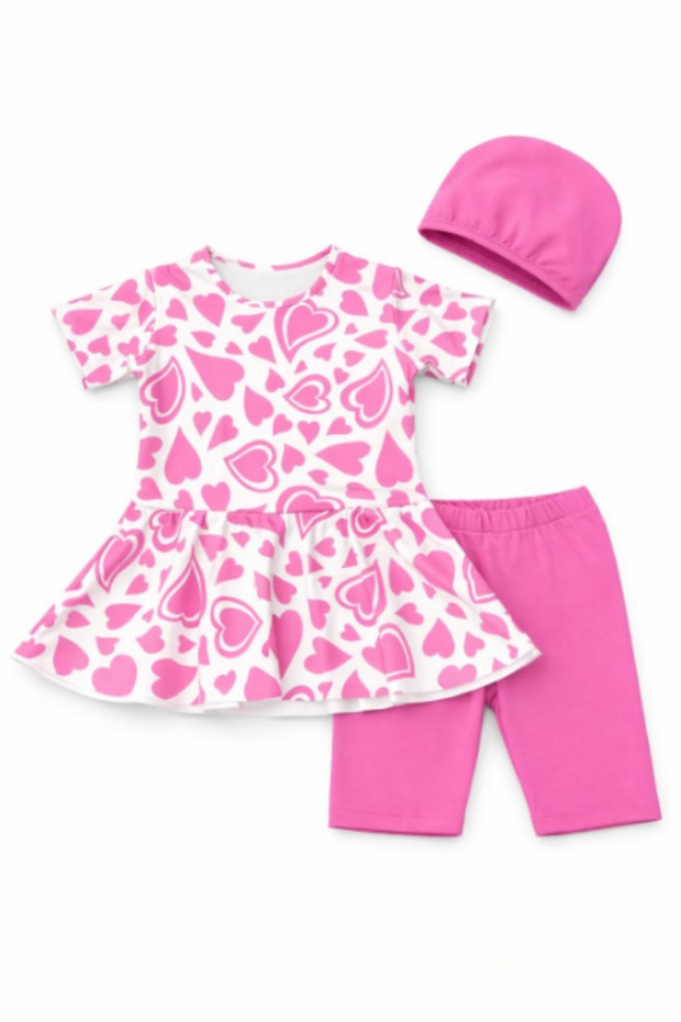 Girl's Swimsuit, Heart Patterned T-Shirt, Shorts and Cap, 3-Piece Beach Set