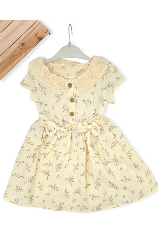 Girl's Summer Floral Bow Detailed Muslin Soft Holiday Dress 2-3-4-5-6 Years Old