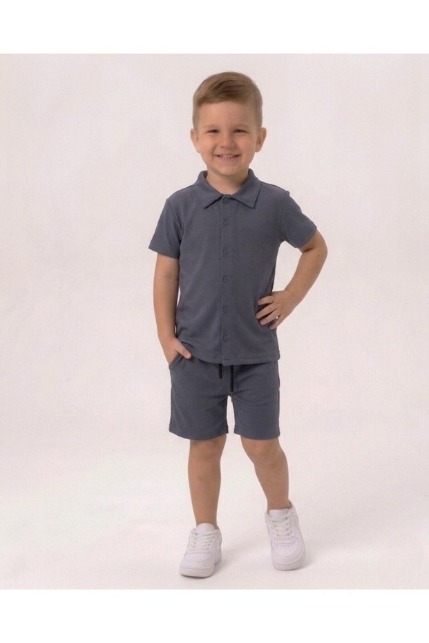 Dar Kalip! Boys' Summer Shirt Set 5-12 Years Old Polyester Shirt and Shorts Stylish Holiday Outfit