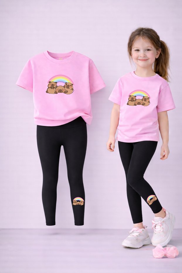 Mother Daughter Matching Leggings - T-Shirt Set 100% Cotton Printed Flexible Comfortable Casual Sporty Combination