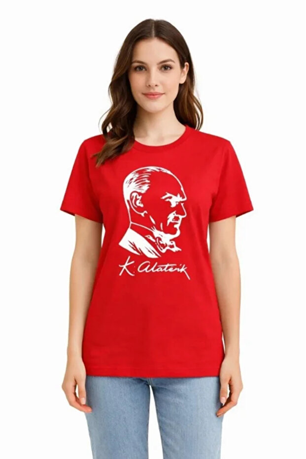 Ataturk Printed T-Shirt Short Sleeve Crew Neck T-Shirt - Red