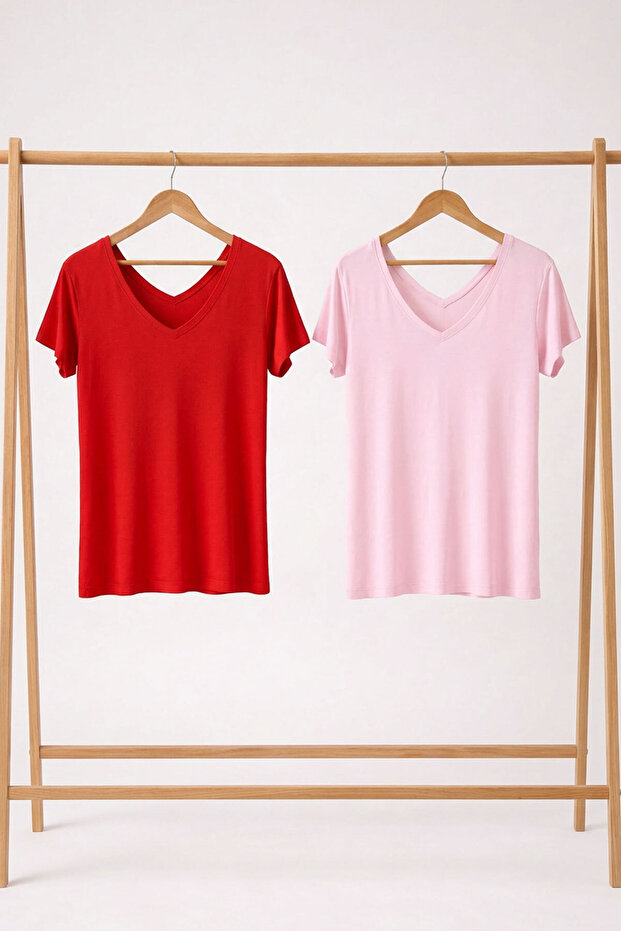 2 Pieces Front and Back V-Neck Basic T-Shirts - 1