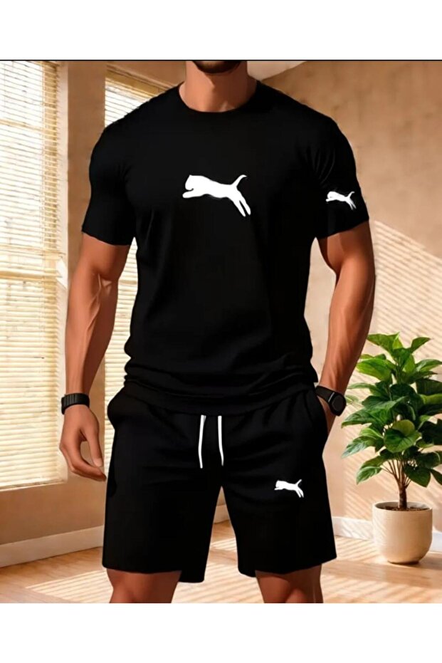 Men's Printed Oversize Top-Bottom Set Black Bartik Shorts T-Shirt